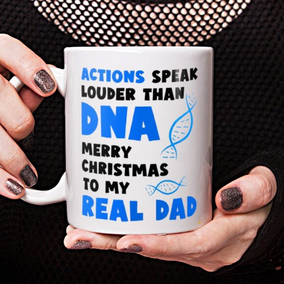 Unique Christmas Mug for Dad Actions Speak Louder Than DNA White Ceramic 11oz - Picture 4 of 4